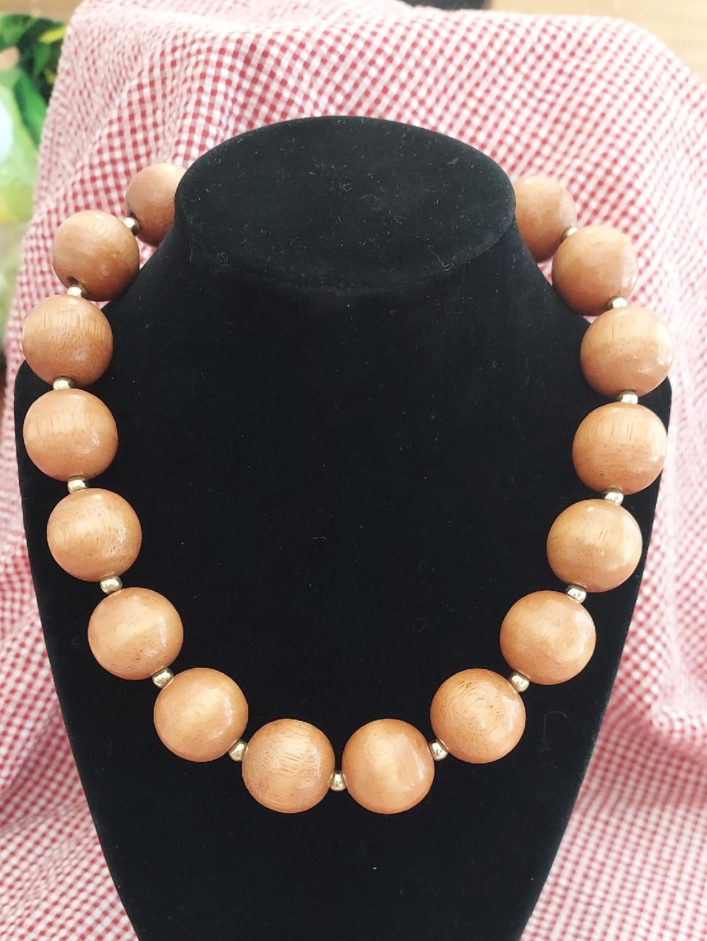 Wooden Chunky Bead Statement Necklace -Natural Brown Goldtone Spacers Vlasp Back